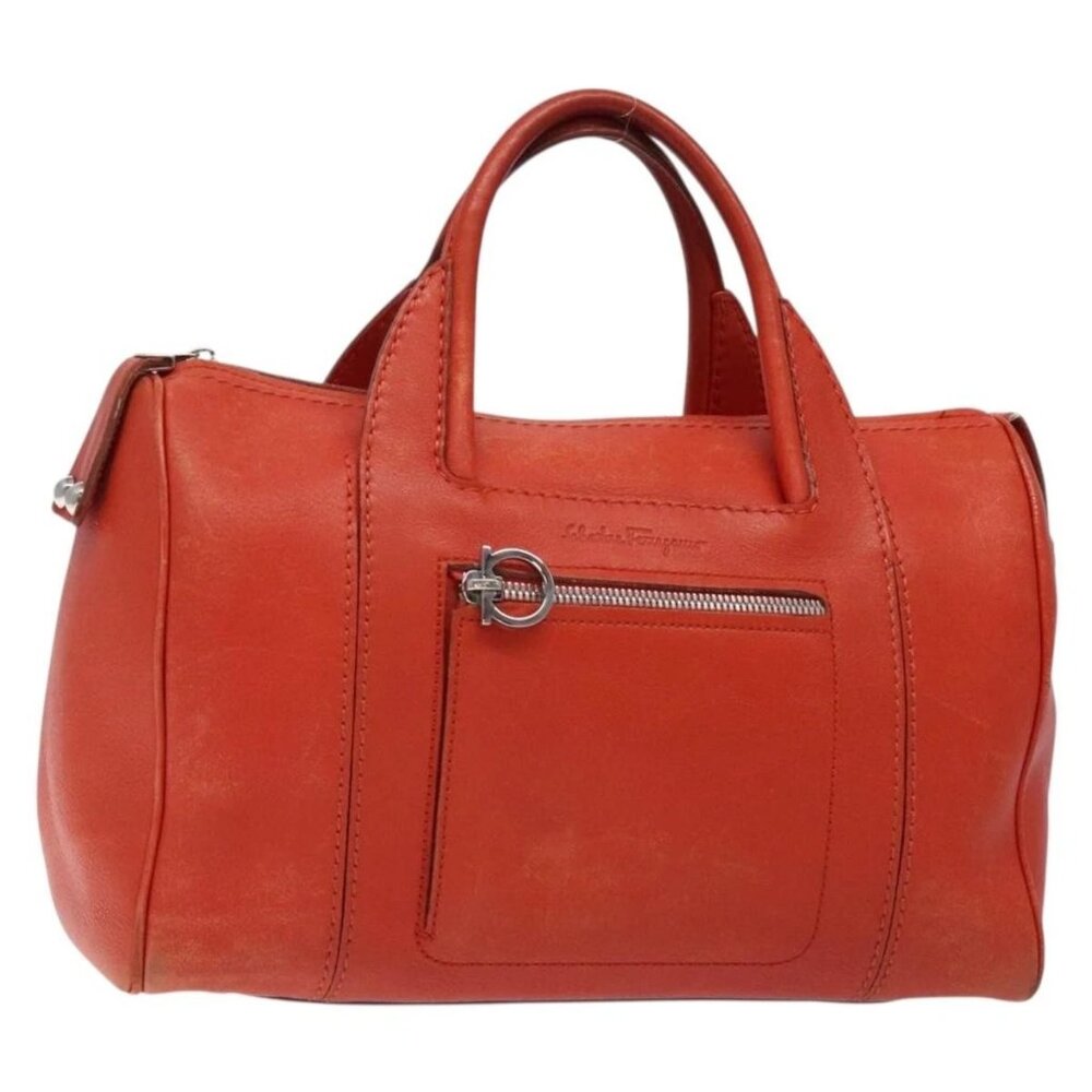 Salvatore Ferragamo Hand Bag Leather Orange Silver Auth